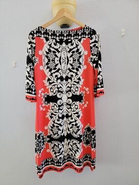 Haani Coral Patterned Knit Shift Dress Boat Neck 3/4 Sleeve M